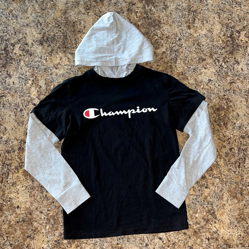 Champion Boys Sz M 2 Piece Bundle Black Gray Long Sleeve Hoodie Tee Joggers Set